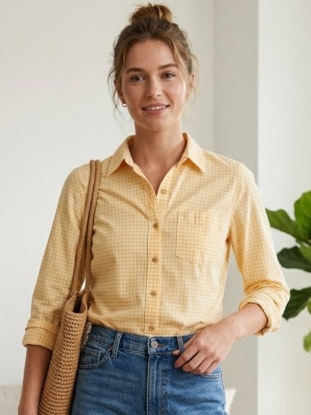 L.L. Bean Vintage Light Yellow Gingham Long-Sleeve Button-Down Shirt Cotton Lrg